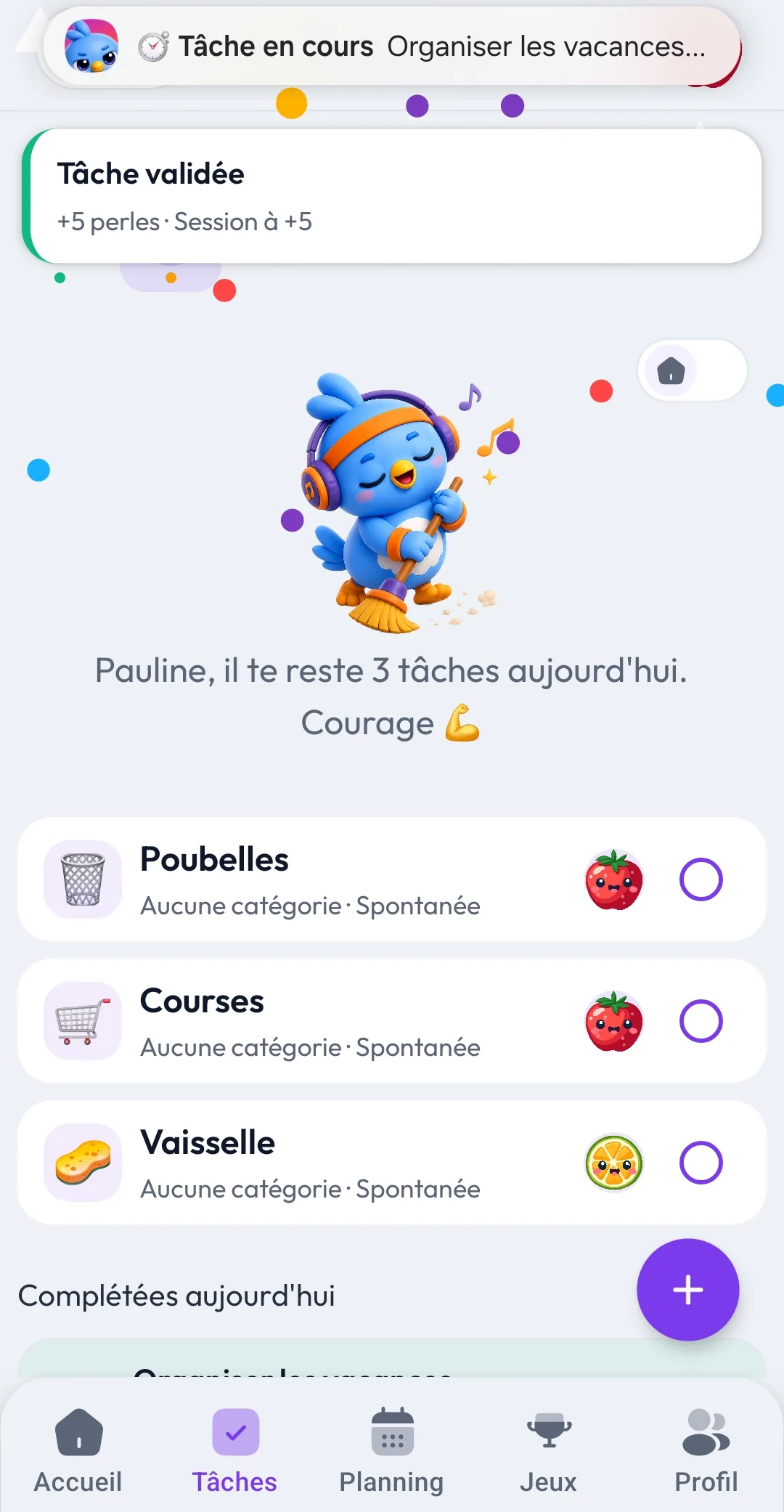 Gain de perles après une tâche validée dans Niidoo