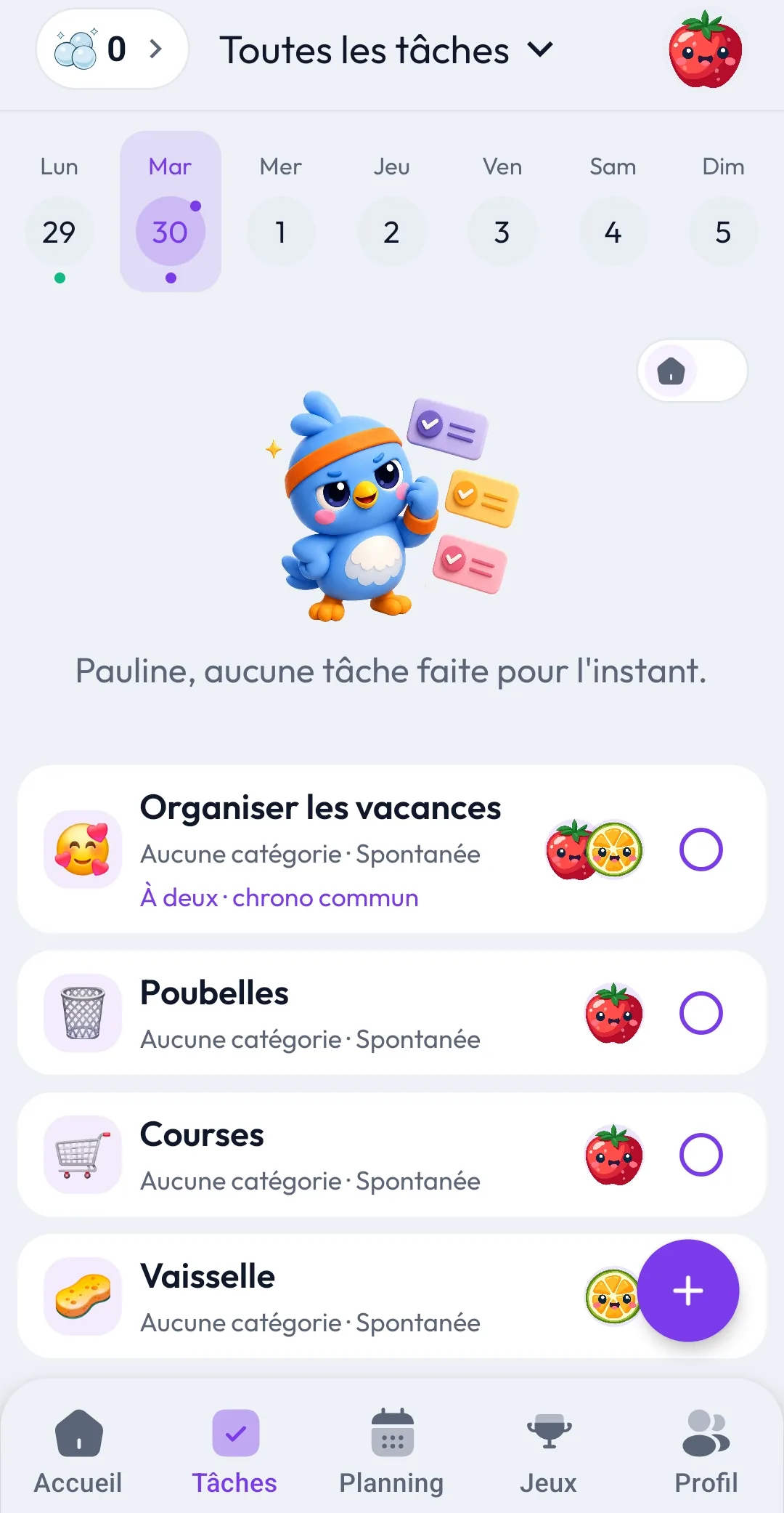 Liste des tâches partagées du couple dans Niidoo